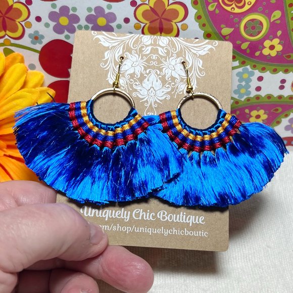 Med Fan Tassel Earrings Blue Hoops Smooth Shiny Silky Fringe Drop Dangles NWT - Picture 3 of 4